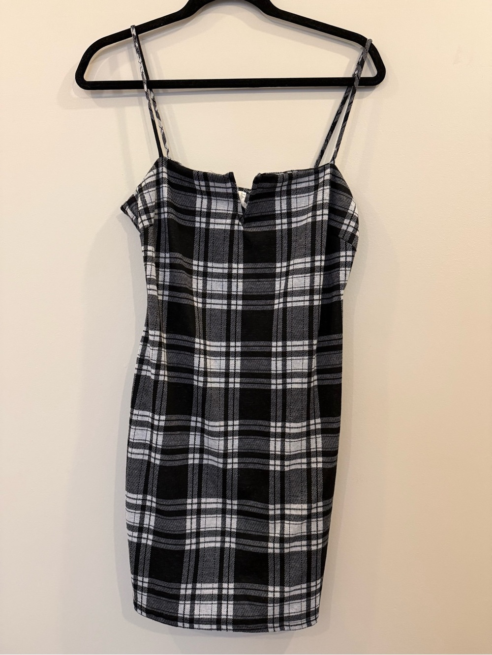 Plaid Spaghetti-Strap Mini Dress in Black & White